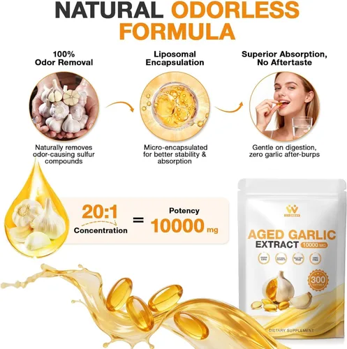 Miniatura 2 de Extracto de ajo envejecido 300 cápsulas – 10000 mg de alta potencia, inodoro, suplemento de ajo para la salud del corazón, apoyo inmunológico