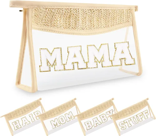 Miniatura 12 de Pequeñas bolsas de maquillaje transparentes de paja bohemia para mujeres y niñas, bolsa de cosméticos con cremallera de chenilla, bolsa de parche