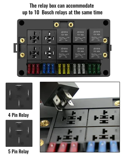 Miniatura 3 de Caja de relé de fusibles de 12V con 15 fusibles y 10 relés y terminales, 15 ranuras para fusibles y 10 ranuras para relés de 4/5 pines, soporte