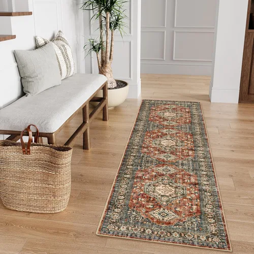 Miniatura 20 de Lahome Alfombra oriental lavable de área pequeña, 2 x 3 pies, para entrada, cocina, ultra fina, suave, tapete antideslizante para puerta de Azul