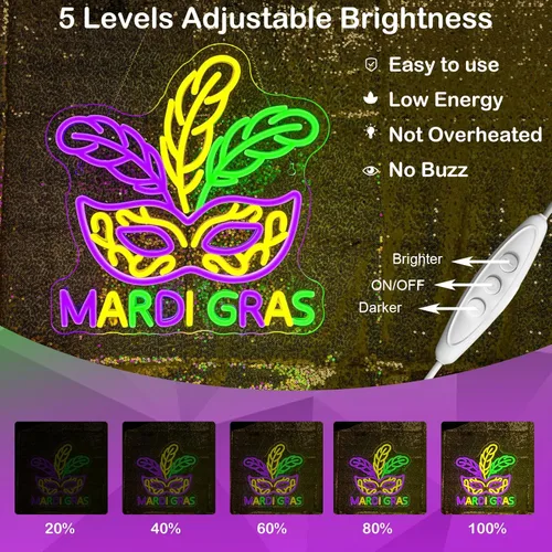 Miniatura 7 de Letrero de neón de Mardi Gras, decoración de luz de neón Mardi Gras, auténtico, morado, verde, dorado, carnaval, luces LED, decoración de pared