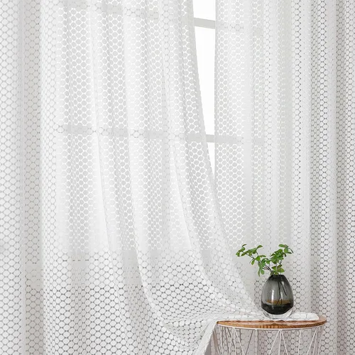 Miniatura 24 de VISIONTEX Cortinas traslúcidas blancas de 63 pulgadas de largo, juego de 2 paneles de bordado marroquí con puntos beige, tela de gasa bordada