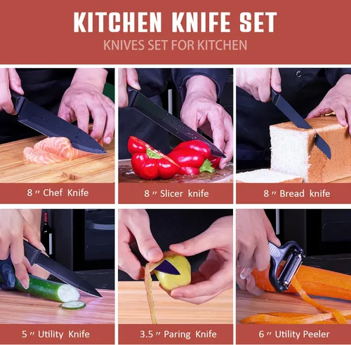 Miniatura 4 de RAXCO Juego de cuchillos con bloque, juego de 10 piezas de cuchillos de cocina de acero inoxidable, afilados profesionalmente para cocinar, cortar