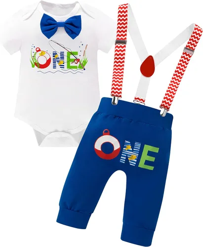 Traje de primer cumpleaños para bebés y niños con corbatín + pantalones cortos + tirantes + sombrero para sesión de fotos