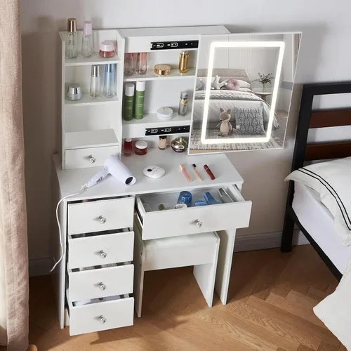Miniatura 6 de Escritorio blanco cálido con espejo iluminado LED, mesa de tocador de maquillaje con armario izquierdo iluminado, 6 cajones y taburete, tocador