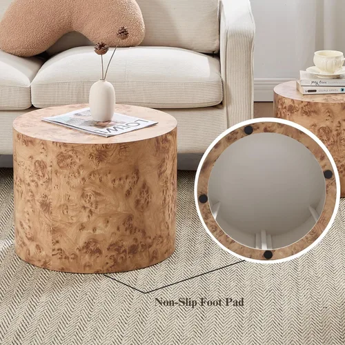 Miniatura 6 de Ya-Home Juego de 2 mesas auxiliares redondas, mesa auxiliar anidable de madera para sala de estar, balcón, oficina, color natural Burl, sin montaje