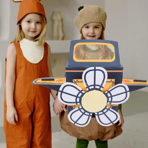 Miniatura 9 de Avión de cartón portátil para niños: disfraz de avión para niños, avión de papel DIY con ventilador giratorio, coche de cartón, divertido juego al