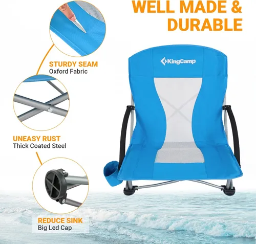 Miniatura 7 de KingCamp Silla de playa baja, silla de camping plegable con respaldo alto para adultos, asiento de malla transpirable de gran tamaño, silla portátil