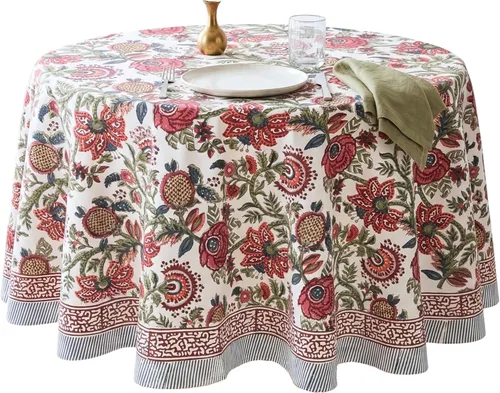 Miniatura 29 de ATOSII Mantel Redondo Bohemio Jade de Algodón 100%, Mantel de Lino con Estampado Floral de Bloques para Comedor, Fiestas, Bodas, Exteriores I