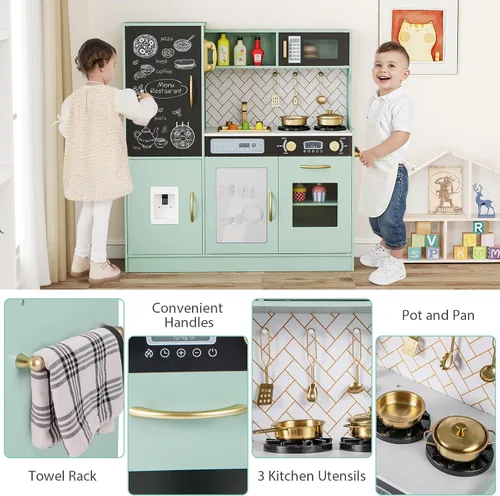 Miniatura 6 de Costzon Juego de cocina para niños, juego de juguetes de cocina de chef de madera grande con sonidos y luces reales, microondas, pizarra, horno