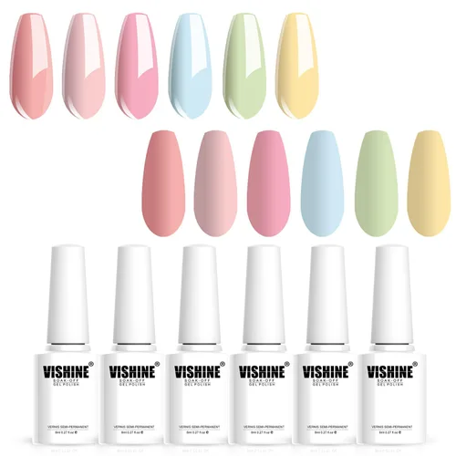 Vishine Juego de esmaltes de uñas de la serie Macaron, melocotón, rosa, azul, verde, amarillo, barniz LED UV, colección de salón de bricolaje en