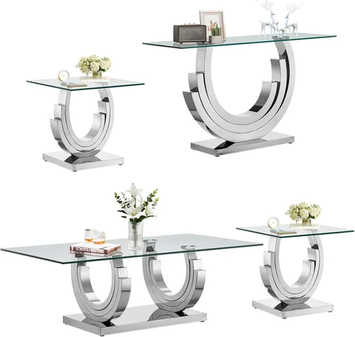 Miniatura 58 de SSLine Mesa auxiliar de cristal de lujo para sala de estar, mesa auxiliar moderna dorada con base de pedestal de acero inoxidable en forma de flor