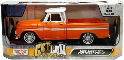 1966 Chevy C10 Fleetside Pickup Truck Lowrider naranja metálico con parte superior blanca Get Low Series 1/24 Modelo de automóvil fundido a presión