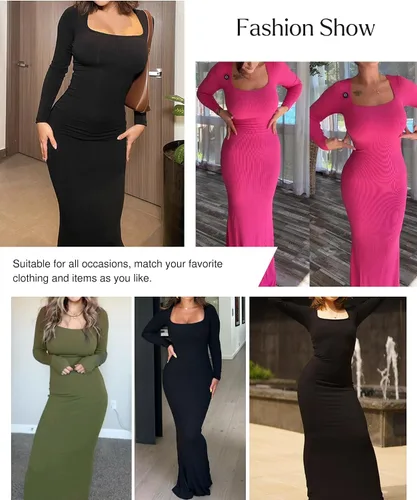 Miniatura 2 de Popilush - Vestido moldeador de manga larga para mujer, vestido de control de abdomen para otoño, con brasier integrado