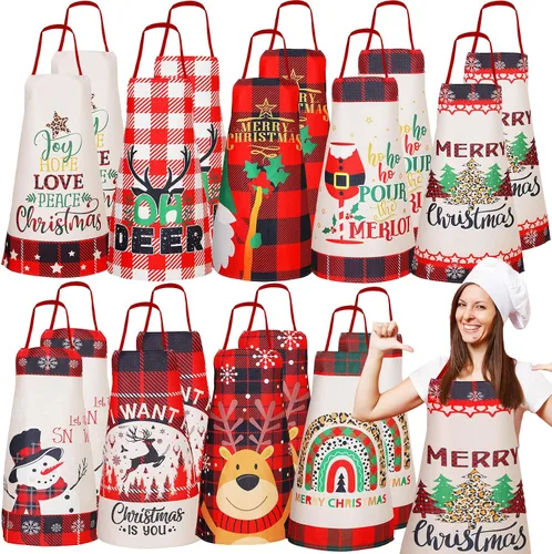 Miniatura 7 de Suhine 9 delantales de Navidad a cuadros rojos y negros para mujeres y hombres, árbol de Navidad, muñeco de nieve, vacaciones, cocina, hornear