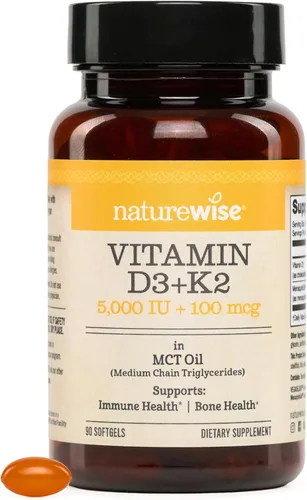 Miniatura 13 de NatureWise Vitamina vegana D3 + K2 con aceite orgánico de coco MCT – D3 orgánico 5000IU + K2 natural 100mcg – Soporte óseo de alta absorción – Sin