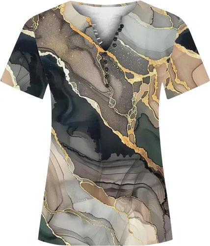 Miniatura 23 de Summer Shirts for Women 2025 Plus Size Short Sleeve Henley Tops Marble Floral Loose Tshirt Tee Casual Dressy Tunics