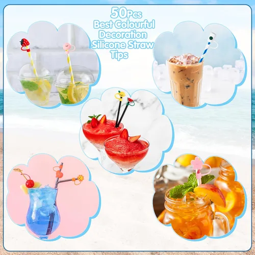 Miniatura 4 de Dandat 50 fundas de silicona para popotes, reutilizables, lindos tapones para pajilla, adorables tapones a prueba de polvo para 0.236-0.315 in, 25