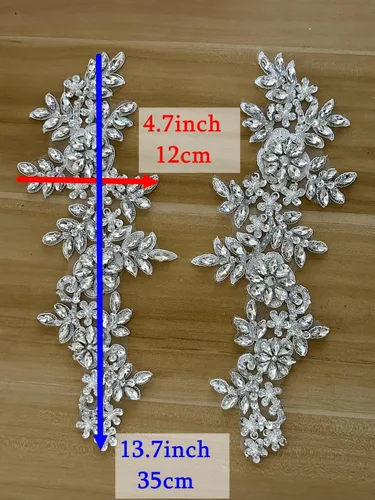 Miniatura 4 de 1 par de parches de encaje con cristales brillantes, cuentas de vidrio y piedras, para coser a mano, accesorios para decoración de vestidos de novia