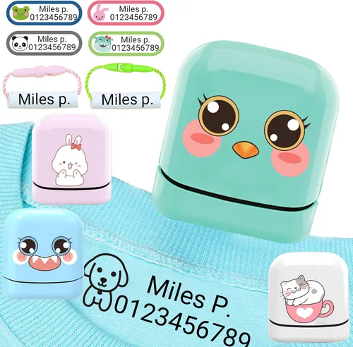 Miniatura 9 de Sello de nombre para ropa para niños, sello con nombre personalizado, impermeable, 4 colores y 36 patrones de dibujos animados (concha de sello azul)