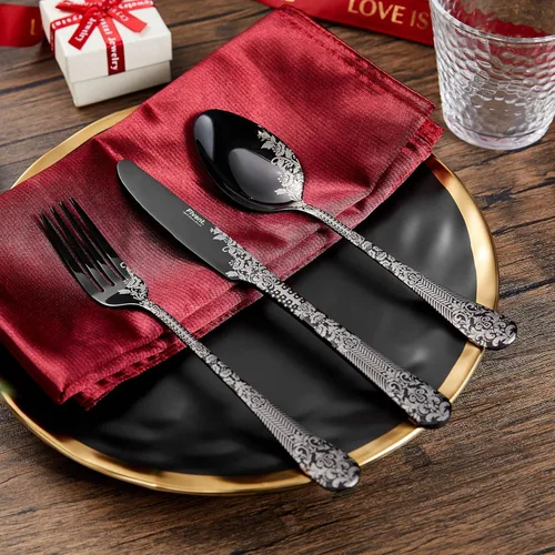 Miniatura 7 de Juego de cubiertos de damasco floral negro rosa – 20 piezas – Incluye 8 cucharas, 8 x tenedores, 4 cuchillos – acero inoxidable – apto