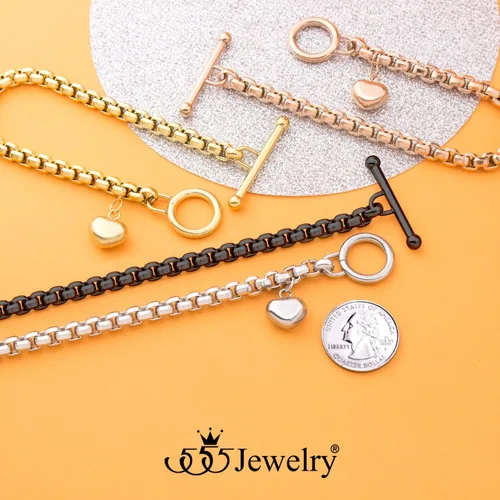 Miniatura 7 de 555Jewelry Pulsera de acero inoxidable con cadena de eslabones y corazón para mujeres y niñas