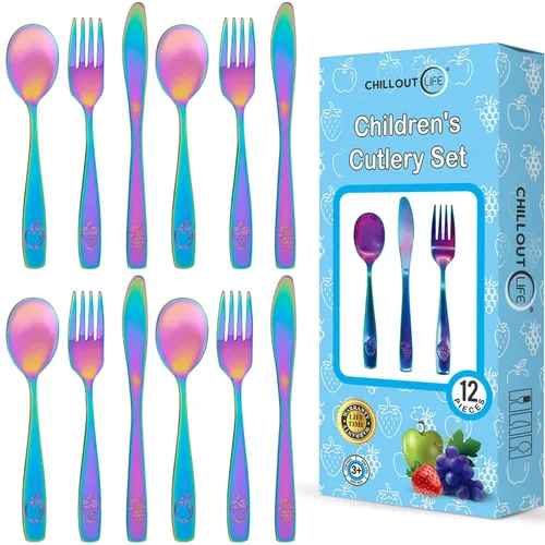 Miniatura 11 de Juego de cubiertos de acero inoxidable de 12 piezas para niños, cubiertos seguros para niños y niños, juego de utensilios para niños, juego