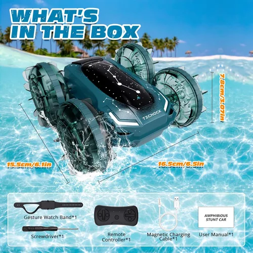 Miniatura 8 de Tecnock Coche Anfibio de Control Remoto, Coche RC de 4WD con Gestos y Carga Magnética, 60 Minutos de Tiempo de Juego, Luces LED, Juguetes de Piscina