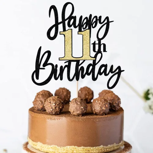 Miniatura 5 de Decoración para tartas de cumpleaños número 11 con purpurina negra y dorada, decoración de pastel de cumpleaños de 11 años y fabuloso cumpleaños