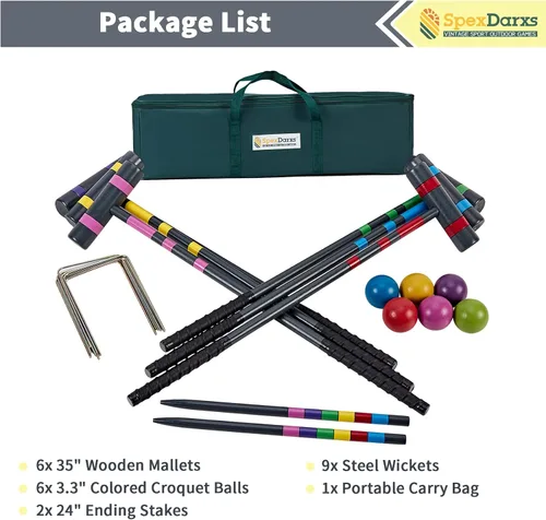 Miniatura 7 de SpexDarxs Juego de croquet de lujo para seis jugadores, juego de croquetas de 35 pulgadas con mazos de madera de primera calidad, bolas