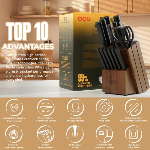 Miniatura 4 de OOU - Juego de bloque de cuchillos de cocina - 15 piezas de cuchillos de chef de acero inoxidable de alto carbono, juego de cuchillos negros