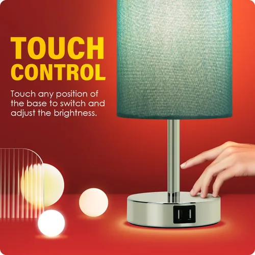 Miniatura 5 de Yarra-Decor Lámpara de mesa de noche, puerto USB, control táctil, madera, 3 modos, regulable, pantalla redonda de tela de jeans, para sala
