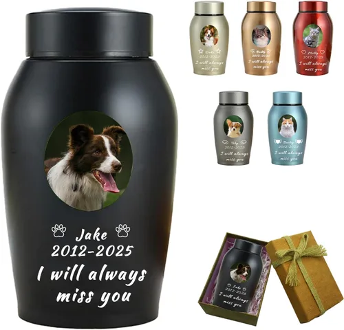 Urna personalizada para mascotas para perros y gatos, urna personalizada de acero inoxidable de alta calidad para cenizas de perro con foto grabada,