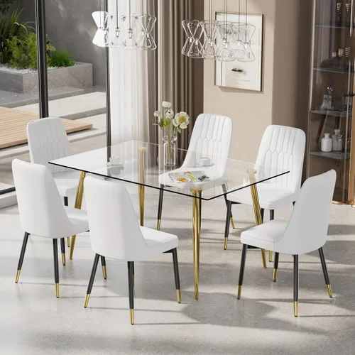 Miniatura 21 de Juego de mesa de comedor moderno de 51 pulgadas para 4, juego de sillas de mesa de cocina de vidrio para 4, mesa de cocina rectangular con 4 sillas