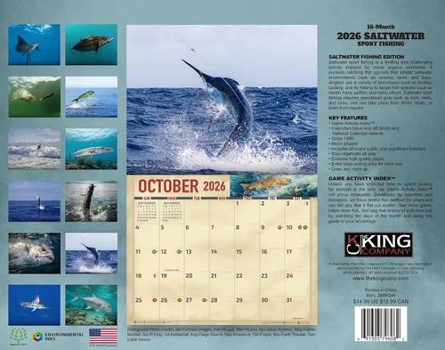 Miniatura 2 de The KING Company-Monster Calendars - Calendario de pared de pesca de agua salada 2026, tamaño XL, 14 x 22 pulgadas, calendario de pesca deportiva