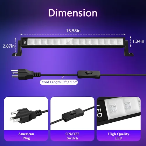 Miniatura 5 de Barra de luz LED negra de 38 W, barras de luz negra con enchufe e interruptor, área de 22 x 22 pies para fiesta brillante, fiestas de Halloween