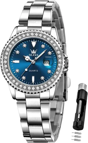 OLEVS - Reloj de mujer de diamante, de cuarzo, analógico, de vestir, para mujer, de acero inoxidable, dos tonos, resistente al agua, luminoso, con
