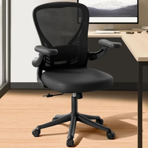Miniatura 7 de Ollega Silla de escritorio para computadora con ruedas, silla de oficina de malla con brazos abatibles, soporte lumbar ajustable, silla de Negro