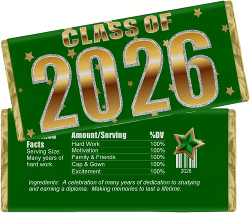 Envolturas de dulces de graduación, etiquetas de barra de chocolate, clase de 2026, recuerdos de fiesta de graduación, paquete de 20 (verde/dorado)