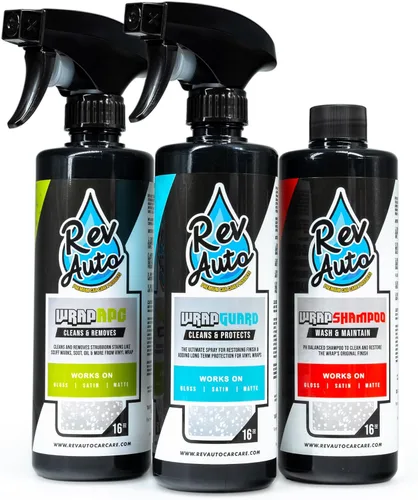 Kit de limpieza de envoltura de vinilo Rev Auto – Juego de 3 artículos incluye detaller de envoltura, champú y removedor de manchas ligeras | Hecho