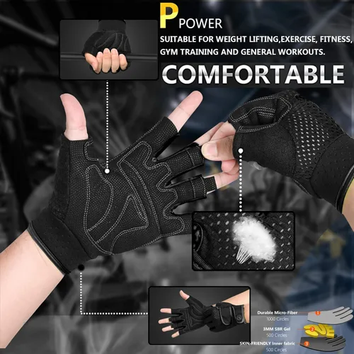 Miniatura 5 de Guantes de entrenamiento MOREOK con acolchado para levantamiento de pesas para hombres/mujeres, [Gel de 3MM] guantes sin dedos de agarre para Negro
