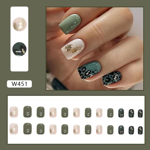 Miniatura 6 de 24 uñas postizas a presión de punta francesa, uñas postizas medianas con forma cuadrada, uñas adhesivas con purpurina y diamantes de imitación, uñas