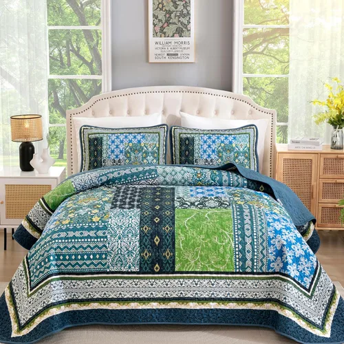 Miniatura 20 de WONGS BEDDING Juego de edredón bohemio tamaño matrimonial, juego de colcha de retazos beige de 3 piezas, juego de ropa de cama de microfibra suave
