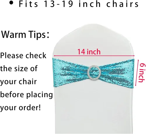 Miniatura 2 de Bandas para Sillas con Lentejuelas Elásticas Lazos de Spandex Poliéster para Fiestas Hotel Bodas Banquetes Decoración - 6 Piezas Aqua Sparkling