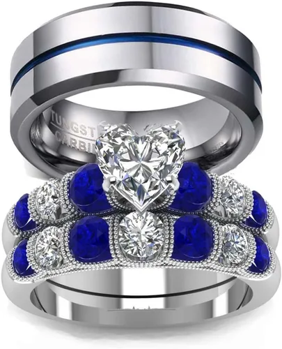 Miniatura 59 de Conjunto de dos anillos de boda para él y para ella, anillos para parejas. Anillos de compromiso para novia en acero inoxidable chapado en oro Blanco
