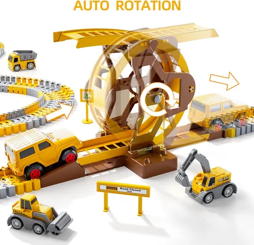 Miniatura 5 de iHaHa 299 piezas de pistas de carreras de construcción para niños, 6 piezas de autos de ingeniería y pista de carreras flexible crea un camino