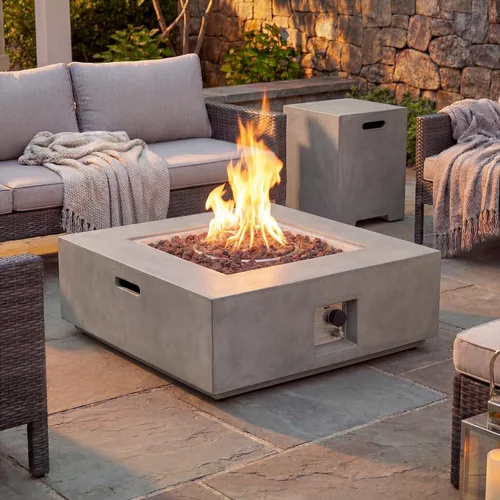 Miniatura 24 de COSIEST mesa cuadrada de propano para exteriores de arenisca con protector contra el viento, certificada, quemador de acero inoxidable de 50,000