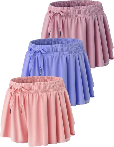 Miniatura 44 de Paquete de 3 pantalones cortos fluidos para niñas con forro de elastano, 2 en 1, faldas de mariposa para jóvenes, para fitness, correr, deportes