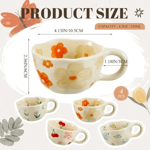 Miniatura 2 de Vesici Paquete de 4 tazas de café de cerámica con cuchara de 8.5 onzas, bonitas tazas de té estéticas con asa para té, leche, tazas de café