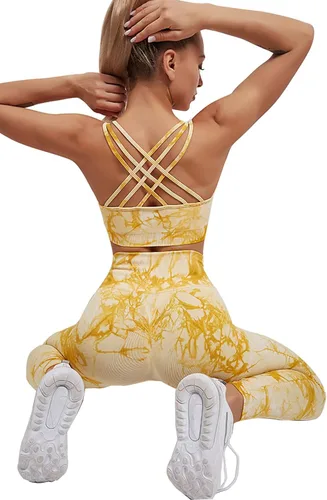 Miniatura 6 de YuMENo Conjuntos de entrenamiento de teñido anudado para mujer, 2 piezas, sin costuras, cintura alta, leggings de yoga con brasier deportivo, ropa